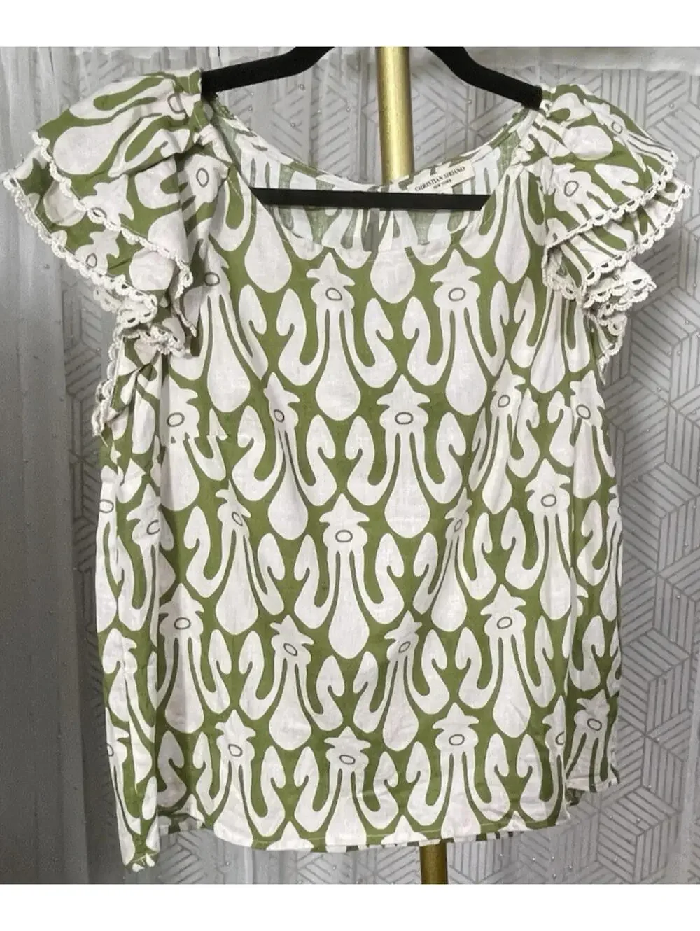 Christian Siriano Linen Blend Top Women’s Green White Geometric Print Ruffle S - Picture 1 of 5